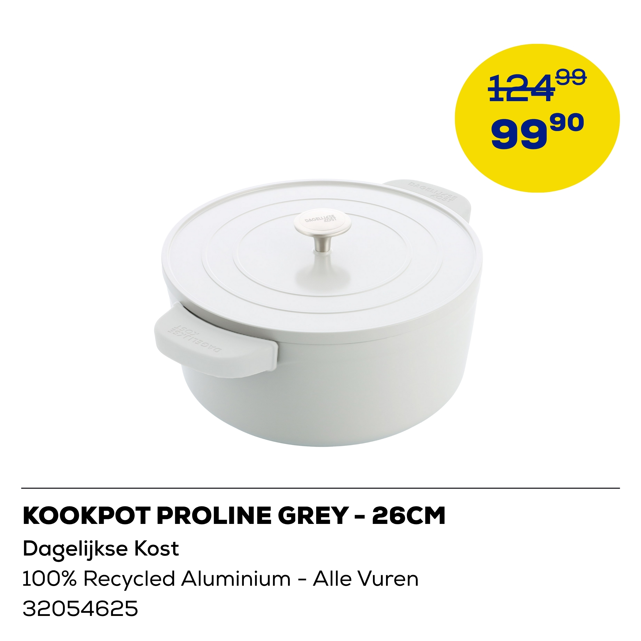 Dagelijkse Kost Kookpot Proline Grey 26cm - 100% Recycled Aluminium - alle Vuren